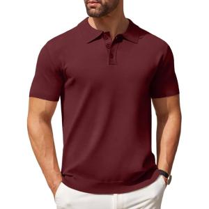 imageCOOFANDY Mens Knit Polo Shirts Casual Short Sleeve Button Down Polo Shirt Classic Golf ShirtsWine Red