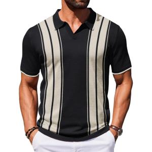 imageCOOFANDY Mens Polo Shirts Short Sleeve Casual Knit Polo Shirt Vintage Golf T Shirts Old Money TopsBlack  Beige
