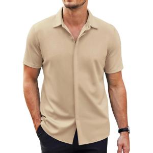 imageCOOFANDY Mens Short Sleeve Wrinkle Free Shirt Casual Button Down Shirt Summer Dress ShirtChampagne