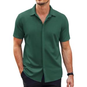 imageCOOFANDY Mens Short Sleeve Wrinkle Free Shirt Casual Button Down Shirt Summer Dress ShirtLake Green