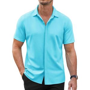 imageCOOFANDY Mens Short Sleeve Wrinkle Free Shirt Casual Button Down Shirt Summer Dress ShirtLight Blue