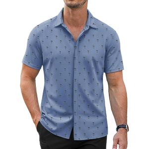 imageCOOFANDY Mens Short Sleeve Wrinkle Free Shirt Casual Button Down Shirt Summer Dress ShirtLight Bluepalm Tree