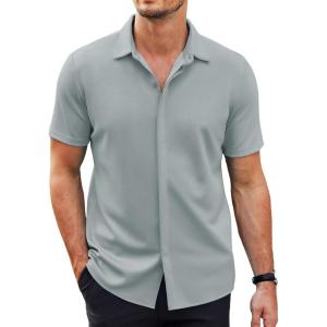 imageCOOFANDY Mens Short Sleeve Wrinkle Free Shirt Casual Button Down Shirt Summer Dress ShirtLight Grey