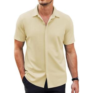 imageCOOFANDY Mens Short Sleeve Wrinkle Free Shirt Casual Button Down Shirt Summer Dress ShirtLight Khaki