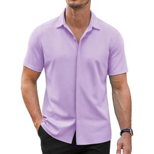 imageCOOFANDY Mens Short Sleeve Wrinkle Free Shirt Casual Button Down Shirt Summer Dress ShirtLilac