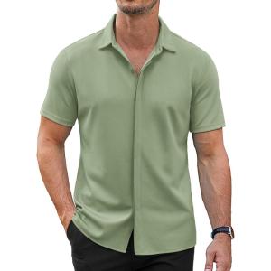 imageCOOFANDY Mens Short Sleeve Wrinkle Free Shirt Casual Button Down Shirt Summer Dress ShirtMoon Green