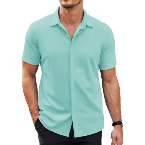 imageCOOFANDY Mens Short Sleeve Wrinkle Free Shirt Casual Button Down Shirt Summer Dress ShirtSlight Blue