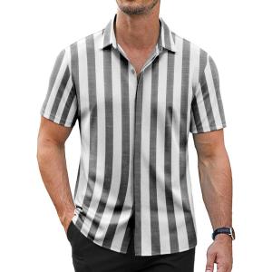 imageCOOFANDY Mens Short Sleeve Wrinkle Free Shirt Casual Button Down Shirt Summer Dress ShirtStripeblackwhite