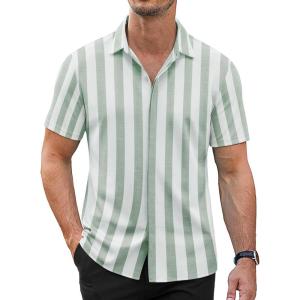 imageCOOFANDY Mens Short Sleeve Wrinkle Free Shirt Casual Button Down Shirt Summer Dress ShirtStripegreenwhite