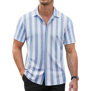 imageCOOFANDY Mens Short Sleeve Wrinkle Free Shirt Casual Button Down Shirt Summer Dress ShirtStripelight Bluewhite