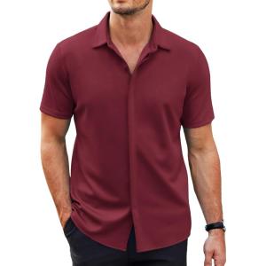 imageCOOFANDY Mens Short Sleeve Wrinkle Free Shirt Casual Button Down Shirt Summer Dress ShirtWine Red