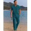imageCOOFANDY Men 2 Piece Linen Outfit Beach Button Down Shirt Casual Loose Pant SetsBlue Green