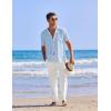 imageCOOFANDY Men 2 Piece Linen Outfit Beach Button Down Shirt Casual Loose Pant SetsLight Blue ShirtWhite Pants