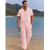 imageCOOFANDY Men 2 Piece Linen Outfit Beach Button Down Shirt Casual Loose Pant SetsLight Pink