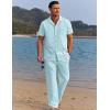 imageCOOFANDY Men 2 Piece Linen Outfit Beach Button Down Shirt Casual Loose Pant SetsSky Blue