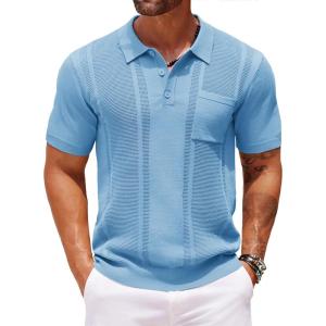 imageCOOFANDY Knit Polo Shirts for Men Short Sleeve Textured Polo Shirt Slim Fit Summer Collared T Shirt with PocketLight Blue