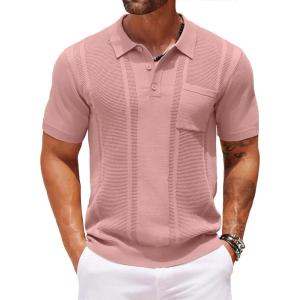 imageCOOFANDY Knit Polo Shirts for Men Short Sleeve Textured Polo Shirt Slim Fit Summer Collared T Shirt with PocketPink