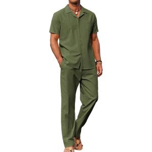 imageCOOFANDY Men 2 Piece Linen Outfit Beach Button Down Shirt Casual Loose Pant SetsArmy Green