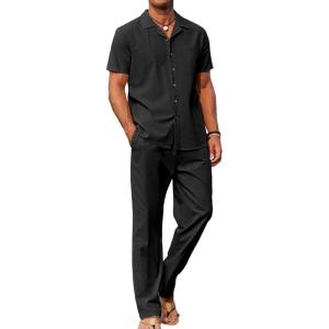 imageCOOFANDY Men 2 Piece Linen Outfit Beach Button Down Shirt Casual Loose Pant SetsBlack