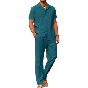 imageCOOFANDY Men 2 Piece Linen Outfit Beach Button Down Shirt Casual Loose Pant SetsBlue Green