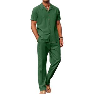 imageCOOFANDY Men 2 Piece Linen Outfit Beach Button Down Shirt Casual Loose Pant SetsBright Green