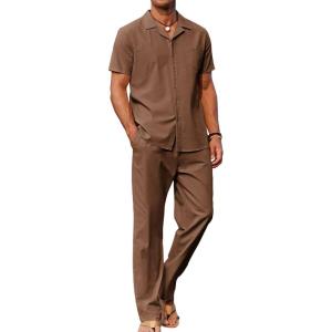 imageCOOFANDY Men 2 Piece Linen Outfit Beach Button Down Shirt Casual Loose Pant SetsBrown