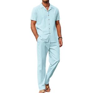 imageCOOFANDY Men 2 Piece Linen Outfit Beach Button Down Shirt Casual Loose Pant SetsSky Blue