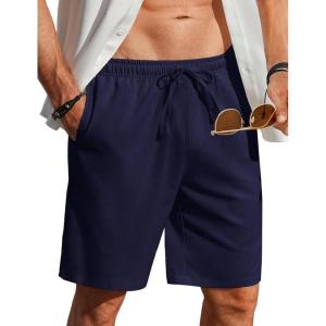 imageCOOFANDY Mens Linen Shorts Casual Beach Shorts 9 inch Inseam Elastic Waist Drawstring Summer ShortsNavy