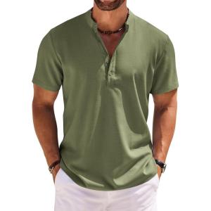 imageCOOFANDY Mens Short Sleeve Henley Shirts Casual Collarless Shirt Band Collar Henley Summer Beach Henley TShirtArmy Green
