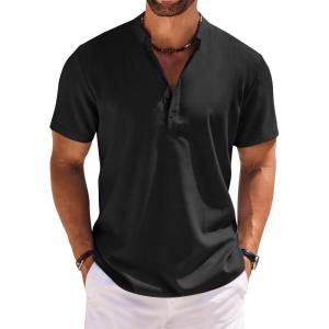 imageCOOFANDY Mens Short Sleeve Henley Shirts Casual Collarless Shirt Band Collar Henley Summer Beach Henley TShirtBlack