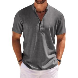 imageCOOFANDY Mens Short Sleeve Henley Shirts Casual Collarless Shirt Band Collar Henley Summer Beach Henley TShirtDark Grey