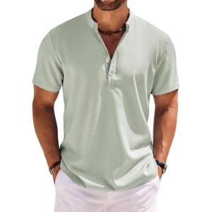 imageCOOFANDY Mens Short Sleeve Henley Shirts Casual Collarless Shirt Band Collar Henley Summer Beach Henley TShirtLight Green