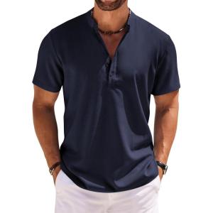 imageCOOFANDY Mens Short Sleeve Henley Shirts Casual Collarless Shirt Band Collar Henley Summer Beach Henley TShirtNavy Blue