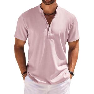 imageCOOFANDY Mens Short Sleeve Henley Shirts Casual Collarless Shirt Band Collar Henley Summer Beach Henley TShirtPink