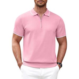imageCOOFANDY Mens Zipper Polo Shirt Casual Knit Short Sleeve Polo T Shirt Classic Fit ShirtsBright Pink