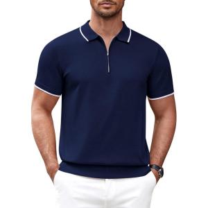 imageCOOFANDY Mens Zipper Polo Shirt Casual Knit Short Sleeve Polo T Shirt Classic Fit ShirtsNavy Blue