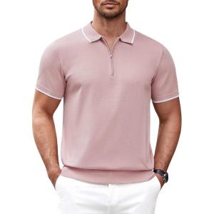 imageCOOFANDY Mens Zipper Polo Shirt Casual Knit Short Sleeve Polo T Shirt Classic Fit ShirtsPink