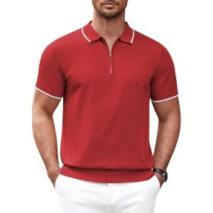 imageCOOFANDY Mens Zipper Polo Shirt Casual Knit Short Sleeve Polo T Shirt Classic Fit ShirtsRed