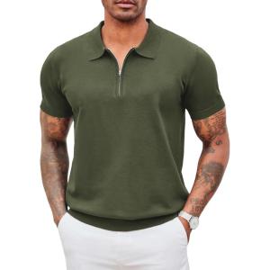 imageCOOFANDY Mens Zipper Polo Shirt Casual Knit Short Sleeve Polo T Shirt Classic Fit ShirtsSolid Army Green