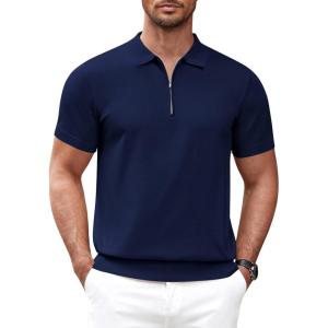 imageCOOFANDY Mens Zipper Polo Shirt Casual Knit Short Sleeve Polo T Shirt Classic Fit ShirtsSolid Navy Blue
