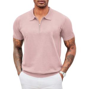 imageCOOFANDY Mens Zipper Polo Shirt Casual Knit Short Sleeve Polo T Shirt Classic Fit ShirtsSolid Pink