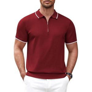 imageCOOFANDY Mens Zipper Polo Shirt Casual Knit Short Sleeve Polo T Shirt Classic Fit ShirtsWine Red