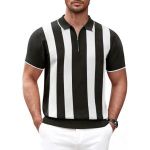 imageCOOFANDY Mens Zipper Polo Shirt Casual Knit Short Sleeve Polo T Shirt Classic Fit ShirtsZstripes  Black  White