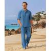 imageCOOFANDY Mens 2 Pieces Cotton Linen Set Long Sleeve Henley Shirts Casual Beach Pants With Pockets Summer Yoga OutfitsDenim Blue