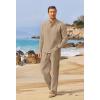 imageCOOFANDY Mens 2 Pieces Cotton Linen Set Long Sleeve Henley Shirts Casual Beach Pants With Pockets Summer Yoga OutfitsKhaki