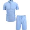 imageCOOFANDY Mens 2 Pieces Linen Set Henley Shirt Short Sleeve and Shorts Summer Beach Yoga Matching OutfitsBlue