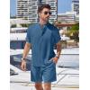 imageCOOFANDY Mens 2 Pieces Linen Set Henley Shirt Short Sleeve and Shorts Summer Beach Yoga Matching OutfitsDenim Blue