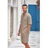 imageCOOFANDY Mens 2 Pieces Linen Set Henley Shirt Short Sleeve and Shorts Summer Beach Yoga Matching OutfitsKhaki