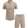 imageCOOFANDY Mens 2 Pieces Linen Set Henley Shirt Short Sleeve and Shorts Summer Beach Yoga Matching OutfitsKhaki