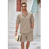 imageCOOFANDY Mens 2 Pieces Linen Set Henley Shirt Short Sleeve and Shorts Summer Beach Yoga Matching OutfitsKhaki